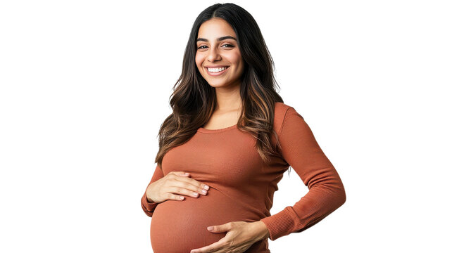 Pregnant woman portrait on transparent background, smiling maternity model in brown top, isolated PNG cutout for ads
