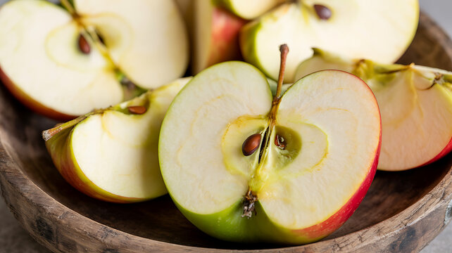 A high resolution close up image of sliced red and green apples in a rustic wooden bowl showing the fresh fruit texture and healthy food concept