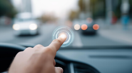 Naklejka premium Integrated control system simulation autonomous defocused driving smart, faceless city intersection, technology visualization detail, blurred urban background, control concept, sim