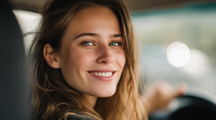 Young woman smiling holding driver defocused license car, faceless joy pride, thrilled visualization detail, blurred vehicle background, passing concept, success interface, license
