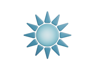 Isolated 3D Rendered Light Blue Sun Icon with Spiky Rays on Black Background Glowing Softly Illuminated Digital Art