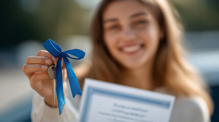 Passing driving test certificate held defocused smiling student, faceless car keys, achievement visualization detail, blurred blue sky, success concept, driver interface, certifica
