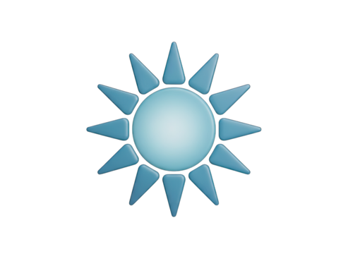 Isolated 3D Rendered Light Blue Sun Icon with Spiky Rays on Black Background Glowing Softly Illuminated Digital Art