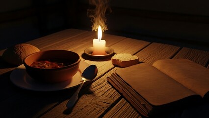 Candlelit Supper - A Rustic Still Life of Soup and Bread.