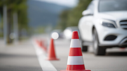 Learner vehicle maneuvering between safety defocused cones test, faceless driving area, practice visualization detail, blurred course background, training concept, safety interface