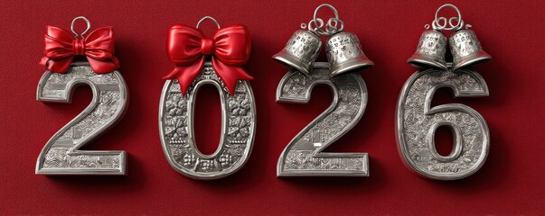 Silver 2026 numbers adorned with red bows and bells on a festive red background