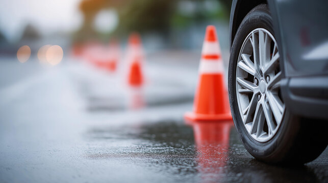 Car wheel navigating wet asphalt defocused with traffic cones, faceless driving lesson, learning visualization detail, blurred controlled background, test concept, environment inte