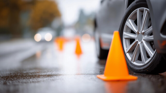 Car wheel navigating wet asphalt defocused with traffic cones, faceless driving lesson, learning visualization detail, blurred controlled background, test concept, environment inte