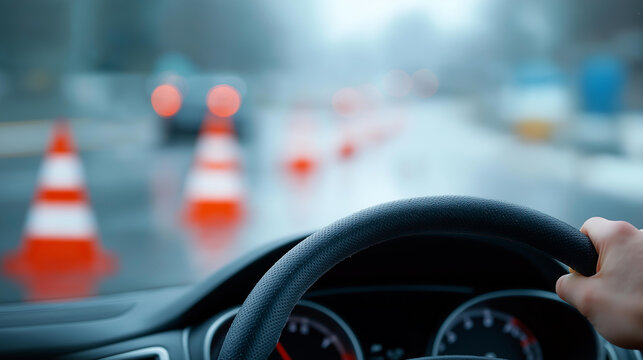 Car wheel navigating wet asphalt defocused with traffic cones, faceless driving lesson, learning visualization detail, blurred controlled background, test concept, environment inte