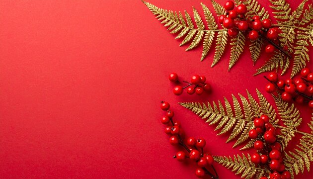Elegant Christmas background with golden ferns and bright red berries creating a festive holiday mood, perfect for invitations, cards, and seasonal promotions