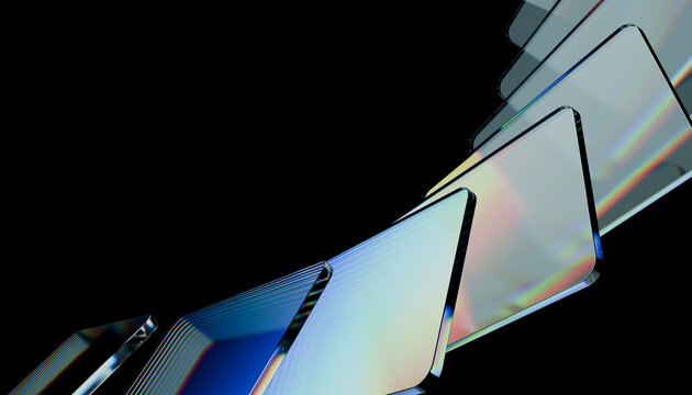 Abstract geometric shapes with iridescent surfaces on black background create futuristic and dynamic composition