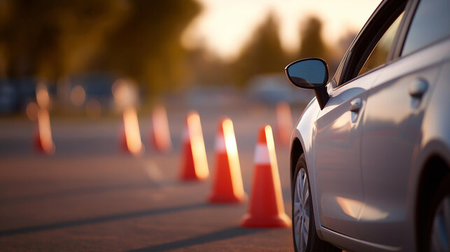 Car maneuvering through outdoor obstacle defocused course cones, faceless driving lesson, training visualization detail, blurred asphalt background, afternoon concept, shadows inte