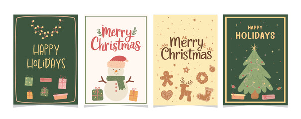 Set of holiday greeting cards with playful Christmas elements, stars, ornaments, gifts and gingerbread characters. Merry Christmas