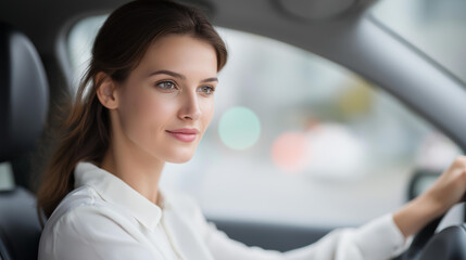 Young woman learns drive commands defocused road independence, faceless learning journey, driving visualization detail, blurred street background, freedom concept, driver interface