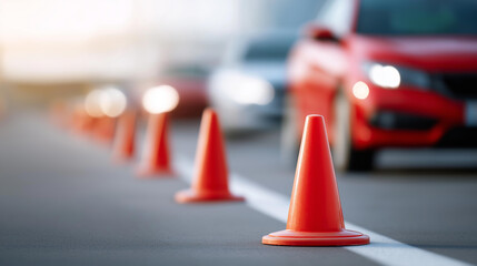 Driving school focuses traffic cones defocused at test, faceless track modern, cars visualization detail, blurred training background, education concept, cone interface, practice d