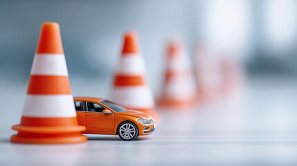 Car practicing parallel parking between defocused traffic cones, faceless maneuvering test, parking visualization detail, blurred training background, skill concept, practice inter
