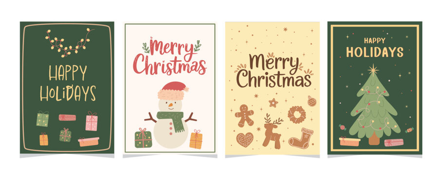 Set of holiday greeting cards with playful Christmas elements, stars, ornaments, gifts and gingerbread characters. Merry Christmas - Powered by Adobe