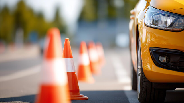 Car practicing parallel parking between defocused traffic cones, faceless maneuvering test, parking visualization detail, blurred training background, skill concept, practice inter