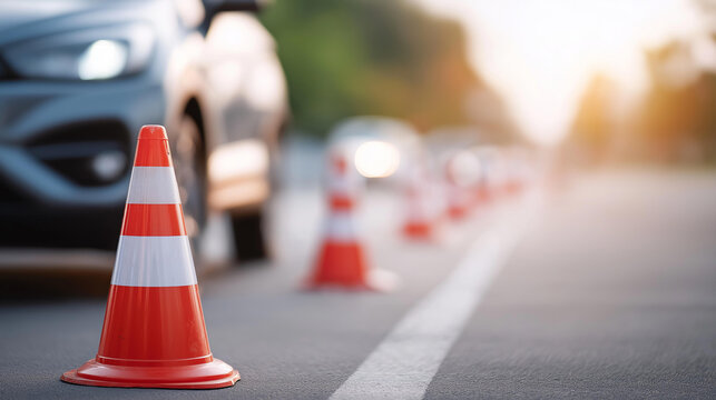 Car practicing parallel parking between defocused traffic cones, faceless maneuvering test, parking visualization detail, blurred training background, skill concept, practice inter