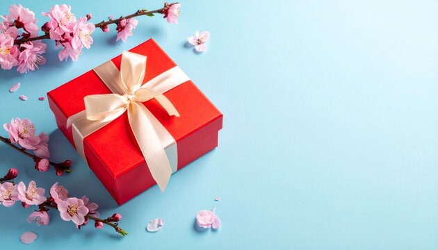 Elegant red gift box with cream ribbon and delicate pink blossoms against a cool blue backdrop, perfect for springtime celebrations and heartfelt presents