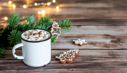 Cozy winter vibes with hot cocoa and marshmallows next to gingerbread cookies and pine, perfect for holiday promotions or festive social media