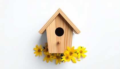 Wooden birdhouse with triangular roof and yellow flowers on white background.