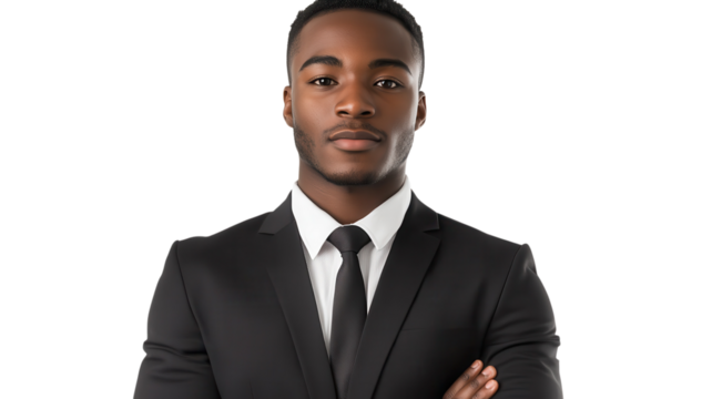 Young man wearing a black suit and tie stands confidently with arms crossed, showcasing professionalism and poise.