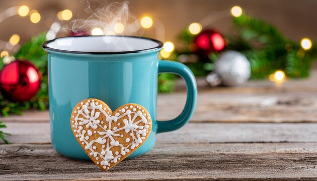 Enjoy a warm winter holiday moment with a steaming mug and gingerbread cookie, perfect for cozy Christmas celebrations and seasonal marketing campaigns