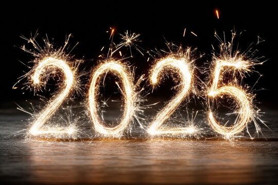 Sparkler 2025 numbers glow on dark background for New Year celebration and festive countdown - Powered by Adobe
