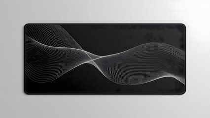 Abstract black and white design featuring flowing, wavy lines against a dark background.