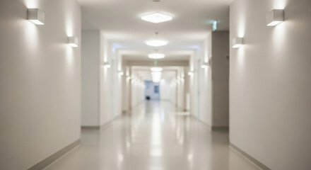 Modern empty long hospital corridor illuminated by bright lights