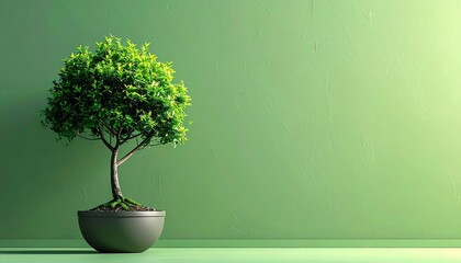 Indoor tree in white pot casting shadow on green wall with sunlight.