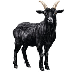 This black goat stands confidently, displaying its beautiful fur and curved horns in a peaceful setting.