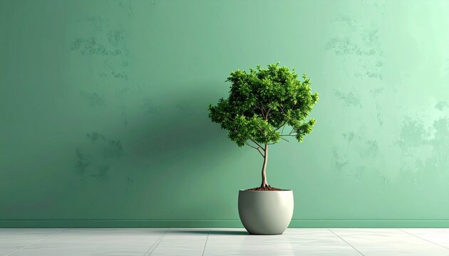 Indoor tree in white pot casting shadow on green wall with sunlight. - Powered by Adobe