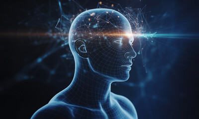 Digital human form with glowing neural network connections human head digital art