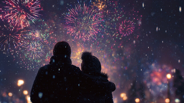 Couple hugging while watching colorful fireworks in a snowy winter night sky - Powered by Adobe