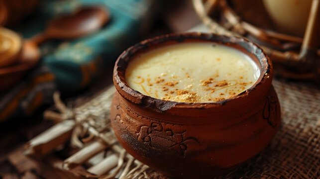 Close up of a ceramic bowl filled with a creamy liquid and sprinkled with spices on a textured surface - Powered by Adobe