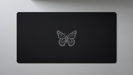 A minimalist design featuring a detailed, silver butterfly emblem centered on a dark surface.