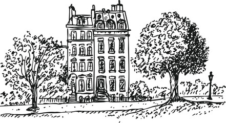Hand Drawn Vector Sketch of Historic Townhouse with Mansard Roof
