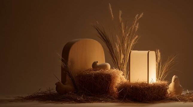 Minimal nativity setup with simple straw, soft lantern light, gentle shadows, and a serene, humble atmosphere emphasizing purity, warmth, and quiet reverence.