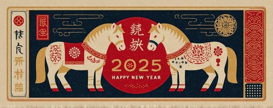 New Year card design featuring two horses in a red circle with golden accents and traditional patterns