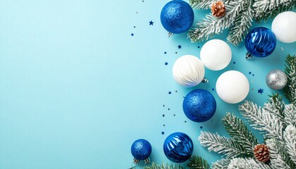Sparkling blue Christmas ornaments and snowy pine branches create a festive winter holiday scene on a light blue background, perfect for seasonal promotions and greetings