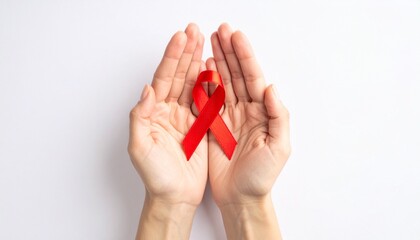 Show your support and raise awareness with this meaningful red ribbon held in caring hands, perfect for health campaigns, charity events, or social causes about compassion and hope