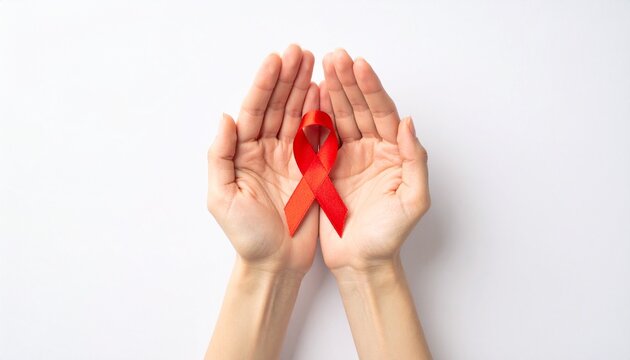 Show your support with a red ribbon held gently in loving hands, promoting awareness and compassion for important health causes, conveying hope and solidarity