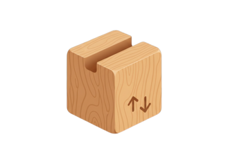 Isometric Wooden Cardboard Box with Arrows Indicating Up and Down on a Transparent Background