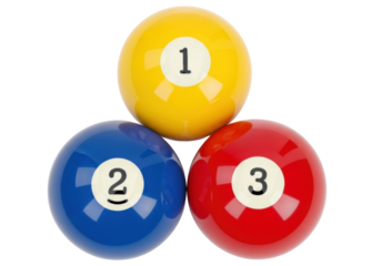 Isolated billiard balls with numbers one two and three stacked together in a triangle shape