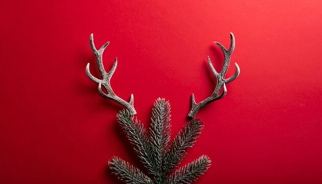 Elegant Christmas spirit radiates with silver antlers and evergreen branches against a vibrant red backdrop for holiday promotions, festive designs, and seasonal greetings
