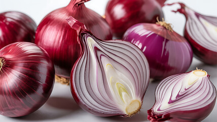 A high resolution close up image of whole and sliced red onions showing the purple and white layers texture and natural healthy food ingredient
