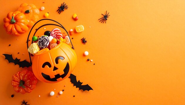 Spooky Halloween fun with pumpkins, bats, spiders, and colorful candy overflowing from a smiling jack o' lantern bucket on a vibrant orange backdrop, perfect for festive promotions