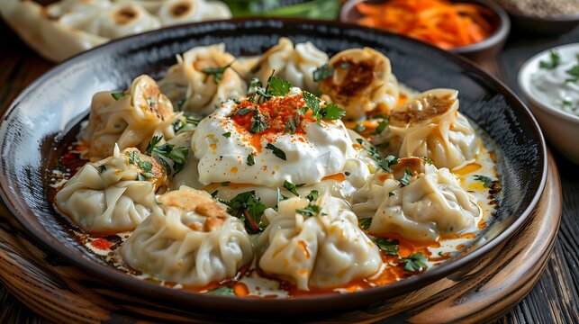 A bowl of manti dumplings with a dollop of sour cream and sprinkled herbs on a wooden surface close up